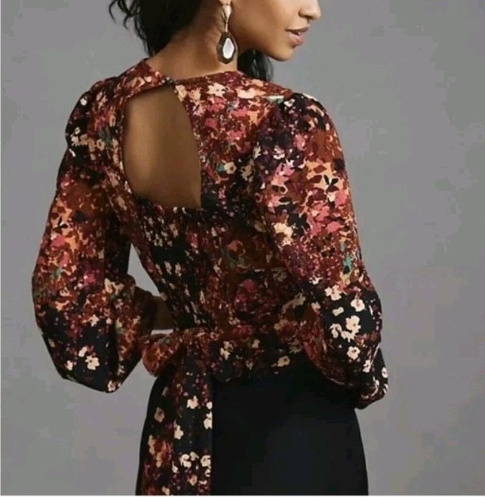 Anthropologie Balloon Sleeve Open Back Floral Black Brown Blouse Tie Waist XL